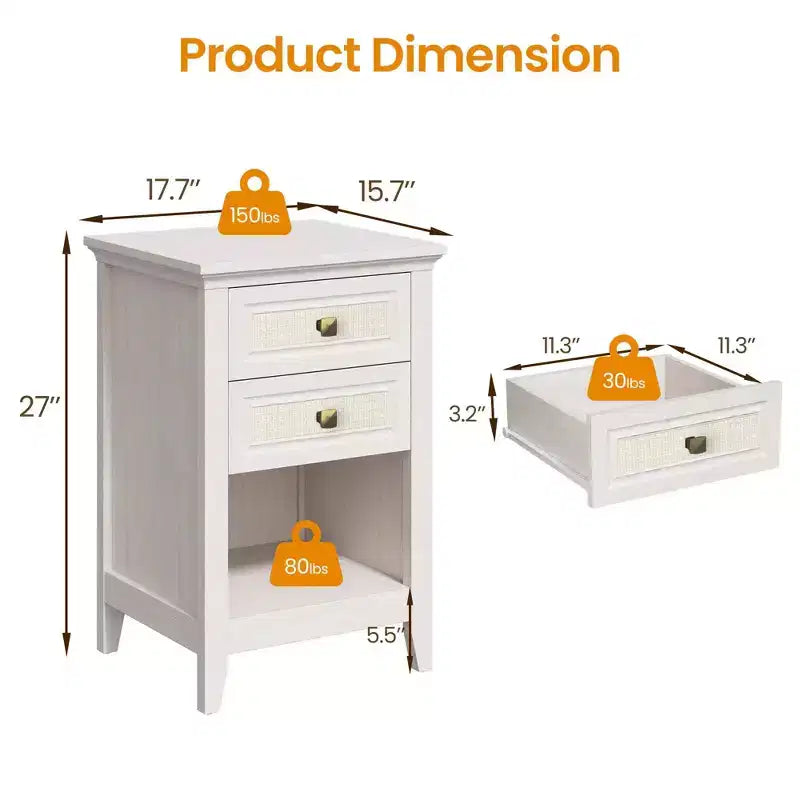 Table de chevet bohème en rotin avec 2 tiroirs, table de chevet gris-blanc de 68,5 cm, petite table d'appoint de rangement pour chambre à coucher et salon