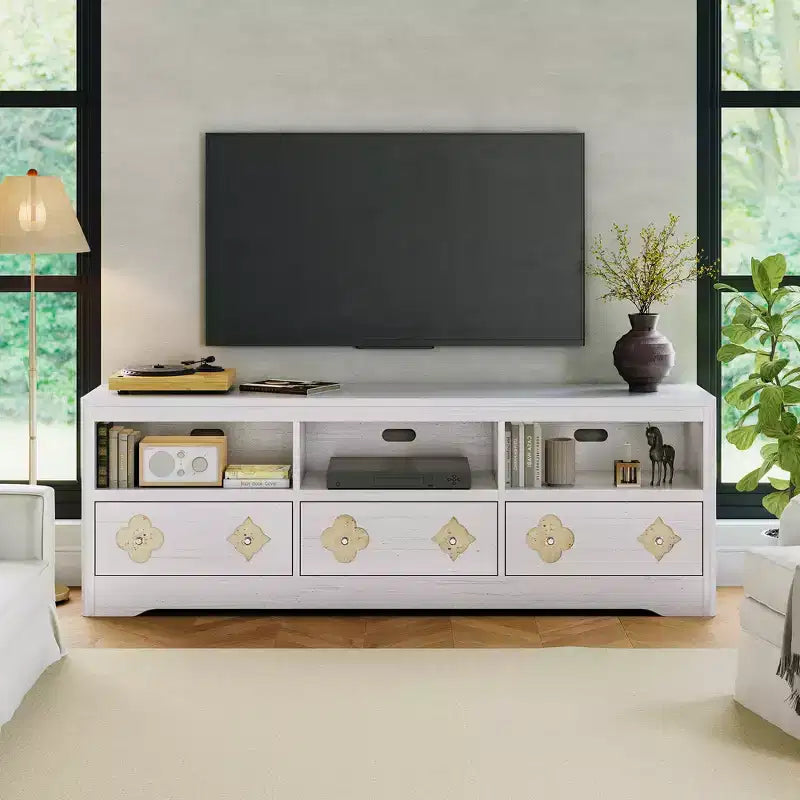 Meuble TV moderne du milieu du siècle COZONY 70 pour téléviseurs jusqu'à 85 pouces, centre de divertissement avec tiroir gravé et étagères de rangement ouvertes