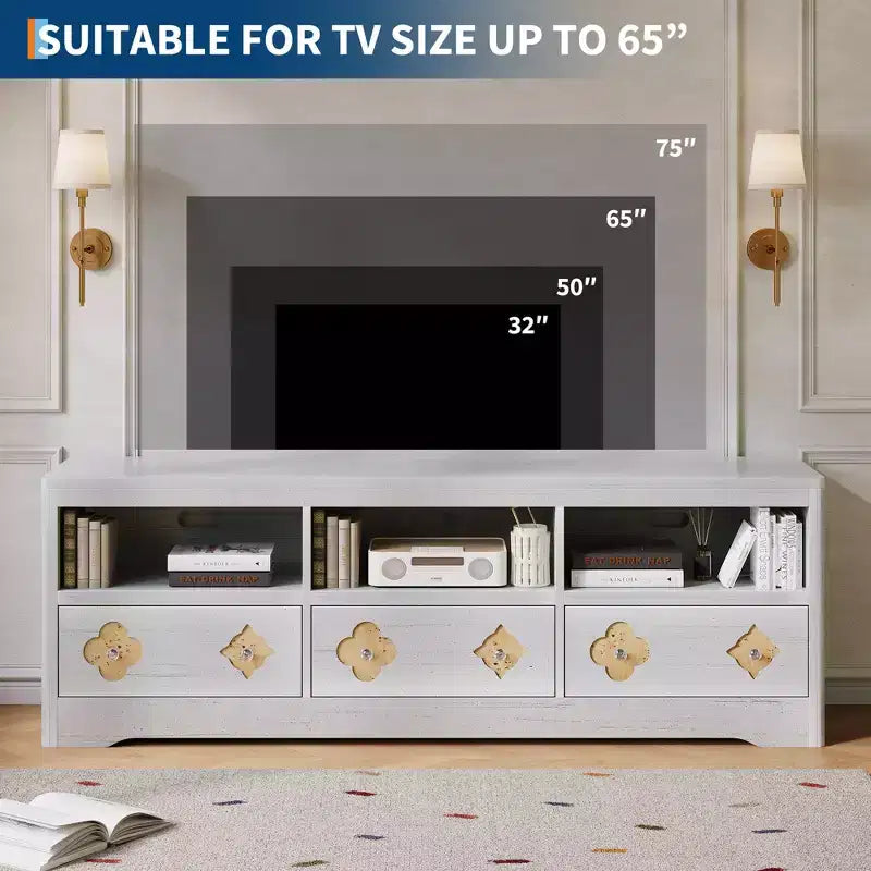 Meuble TV moderne du milieu du siècle COZONY 70 pour téléviseurs jusqu'à 85 pouces, centre de divertissement avec tiroir gravé et étagères de rangement ouvertes