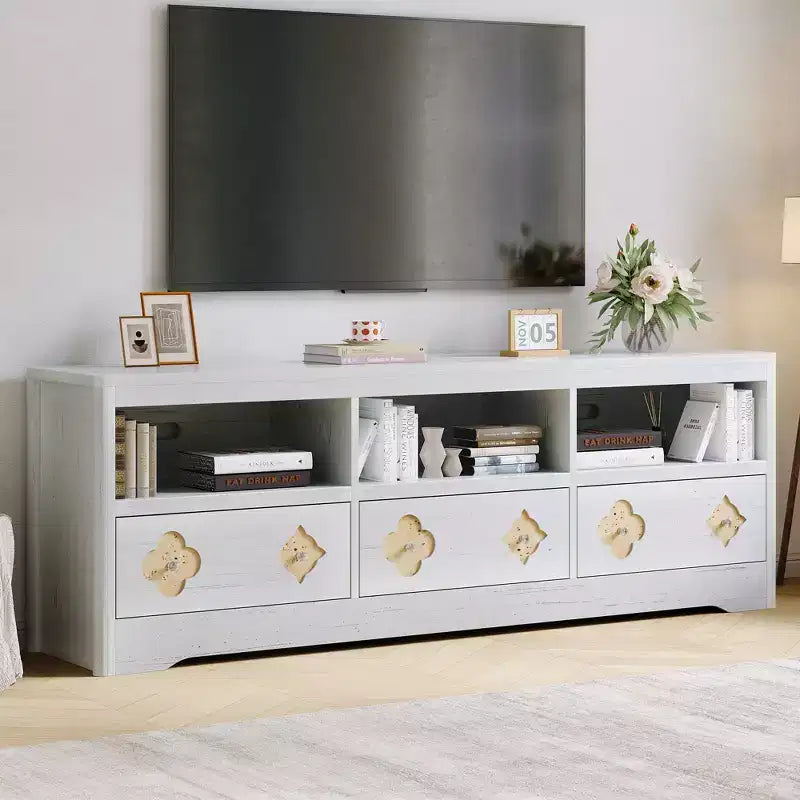 Meuble TV moderne du milieu du siècle COZONY 70 pour téléviseurs jusqu'à 85 pouces, centre de divertissement avec tiroir gravé et étagères de rangement ouvertes