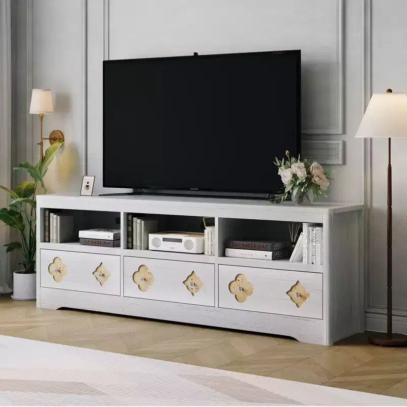 Meuble TV moderne du milieu du siècle COZONY 70 pour téléviseurs jusqu'à 85 pouces, centre de divertissement avec tiroir gravé et étagères de rangement ouvertes