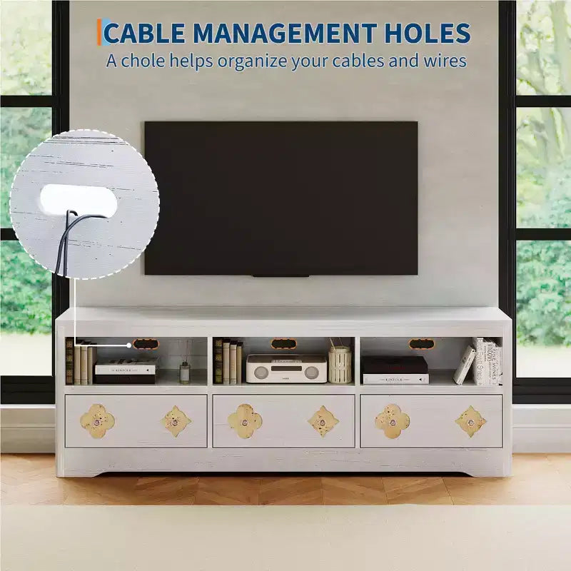 Meuble TV moderne du milieu du siècle COZONY 70 pour téléviseurs jusqu'à 85 pouces, centre de divertissement avec tiroir gravé et étagères de rangement ouvertes