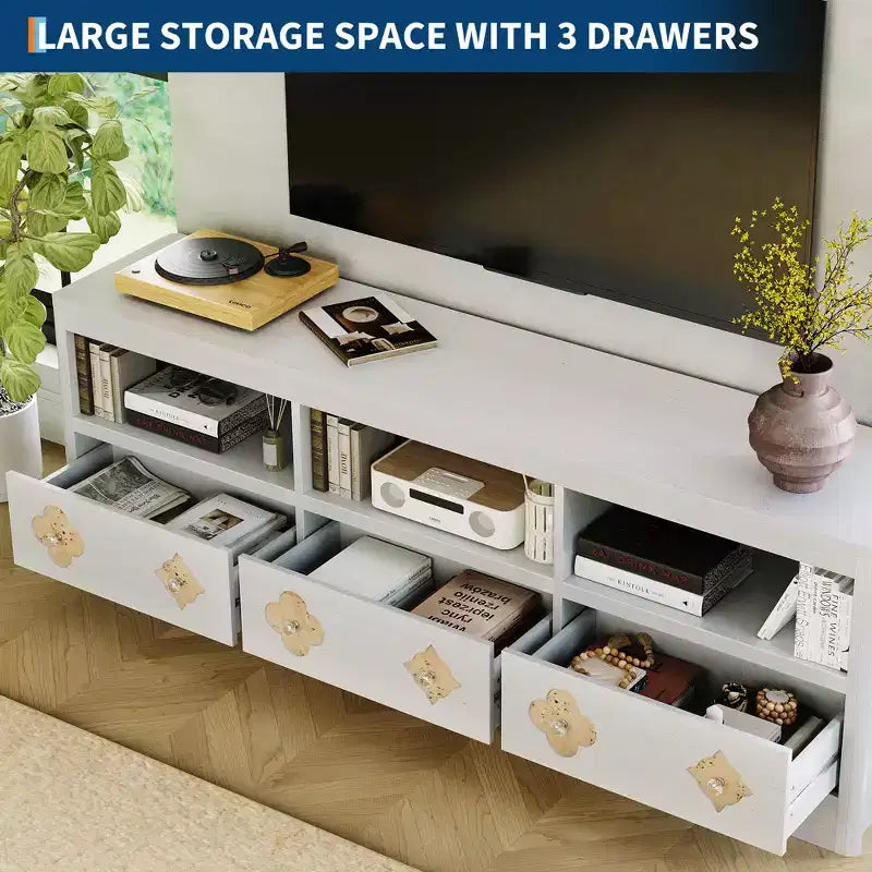 Meuble TV moderne du milieu du siècle COZONY 70 pour téléviseurs jusqu'à 85 pouces, centre de divertissement avec tiroir gravé et étagères de rangement ouvertes