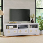 Meuble TV moderne du milieu du siècle COZONY 70 pour téléviseurs jusqu'à 85 pouces, centre de divertissement avec tiroir gravé et étagères de rangement ouvertes
