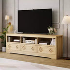 Meuble TV moderne du milieu du siècle COZONY 70 pour téléviseurs jusqu'à 85 pouces, centre de divertissement avec tiroir gravé et étagères de rangement ouvertes