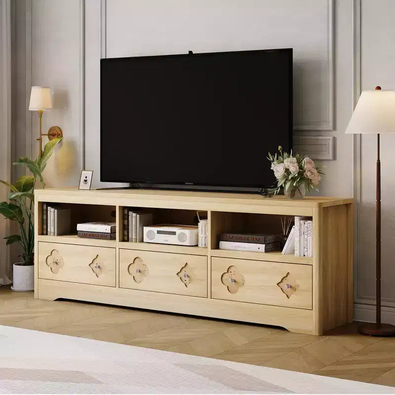 Meuble TV moderne du milieu du siècle COZONY 70 pour téléviseurs jusqu'à 85 pouces, centre de divertissement avec tiroir gravé et étagères de rangement ouvertes