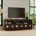 Meuble TV moderne du milieu du siècle COZONY 70 pour téléviseurs jusqu'à 85 pouces, centre de divertissement avec tiroir gravé et étagères de rangement ouvertes