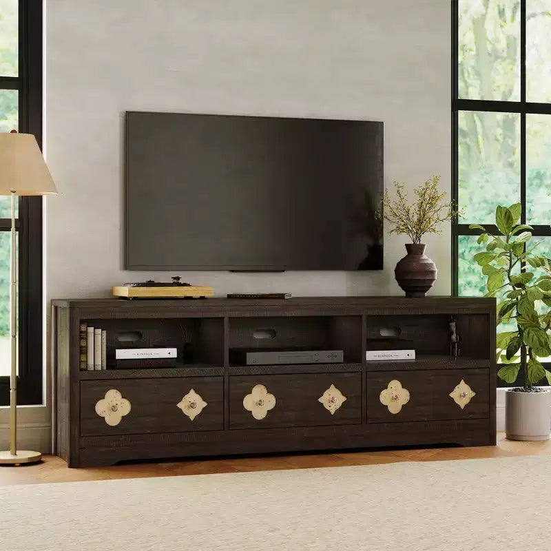 Meuble TV moderne du milieu du siècle COZONY 70 pour téléviseurs jusqu'à 85 pouces, centre de divertissement avec tiroir gravé et étagères de rangement ouvertes