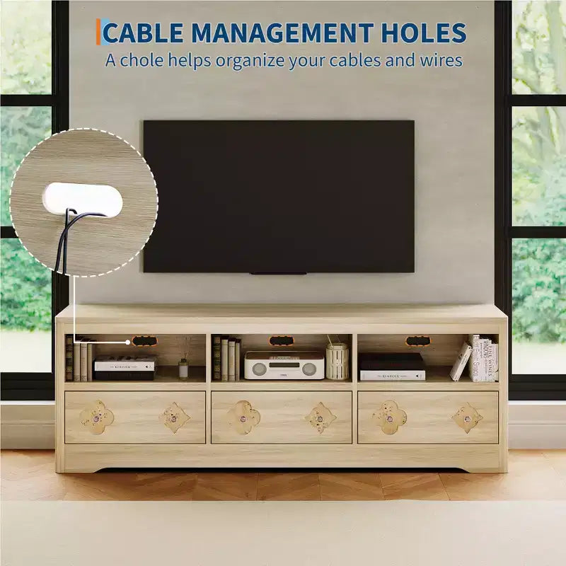 Meuble TV moderne du milieu du siècle COZONY 70 pour téléviseurs jusqu'à 85 pouces, centre de divertissement avec tiroir gravé et étagères de rangement ouvertes