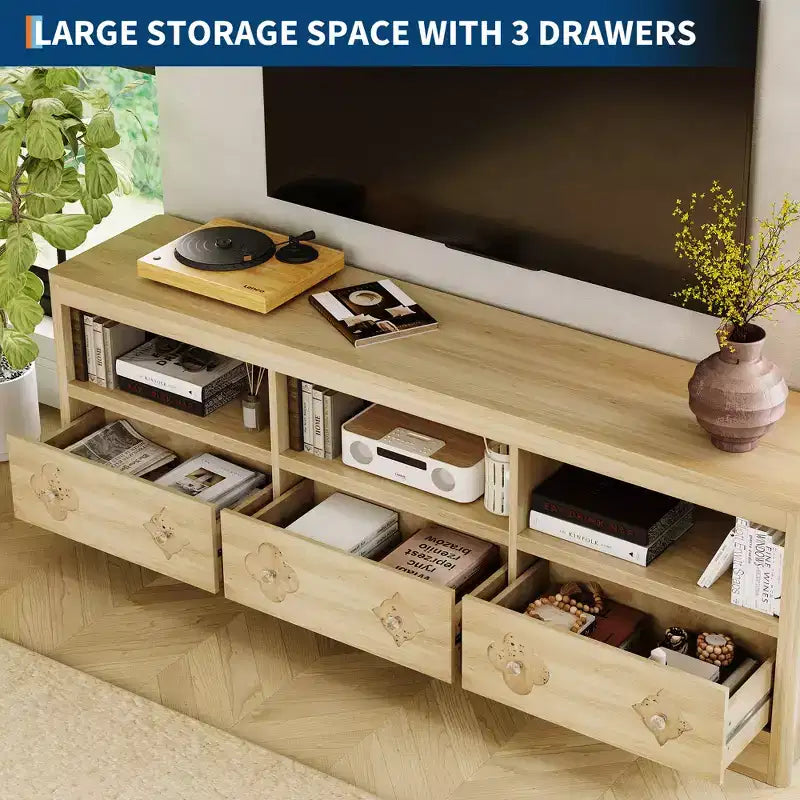 Meuble TV moderne du milieu du siècle COZONY 70 pour téléviseurs jusqu'à 85 pouces, centre de divertissement avec tiroir gravé et étagères de rangement ouvertes