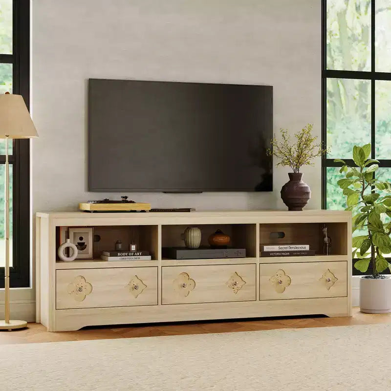 Meuble TV moderne du milieu du siècle COZONY 70 pour téléviseurs jusqu'à 85 pouces, centre de divertissement avec tiroir gravé et étagères de rangement ouvertes