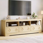 Meuble TV moderne du milieu du siècle COZONY 70 pour téléviseurs jusqu'à 85 pouces, centre de divertissement avec tiroir gravé et étagères de rangement ouvertes