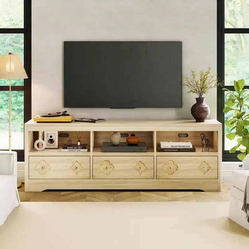Meuble TV moderne du milieu du siècle COZONY 70 pour téléviseurs jusqu'à 85 pouces, centre de divertissement avec tiroir gravé et étagères de rangement ouvertes