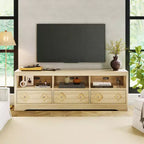 Meuble TV moderne du milieu du siècle COZONY 70 pour téléviseurs jusqu'à 85 pouces, centre de divertissement avec tiroir gravé et étagères de rangement ouvertes