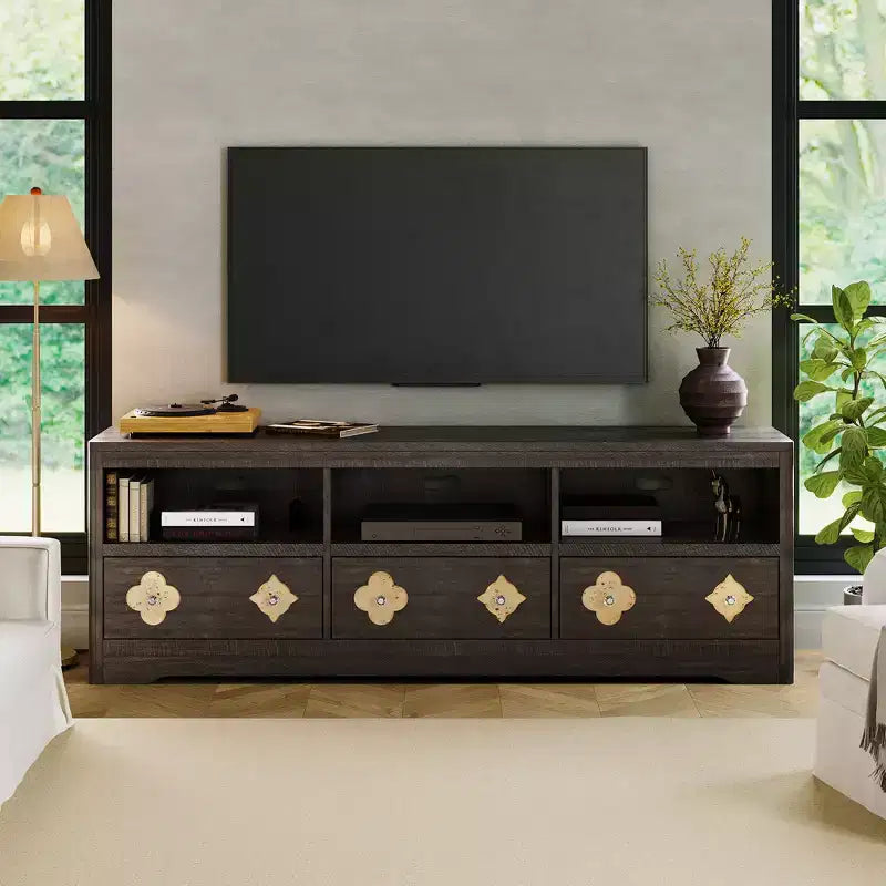 Meuble TV moderne du milieu du siècle COZONY 70 pour téléviseurs jusqu'à 85 pouces, centre de divertissement avec tiroir gravé et étagères de rangement ouvertes