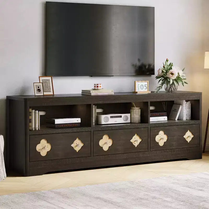 Meuble TV moderne du milieu du siècle COZONY 70 pour téléviseurs jusqu'à 85 pouces, centre de divertissement avec tiroir gravé et étagères de rangement ouvertes