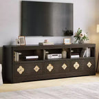 Meuble TV moderne du milieu du siècle COZONY 70 pour téléviseurs jusqu'à 85 pouces, centre de divertissement avec tiroir gravé et étagères de rangement ouvertes