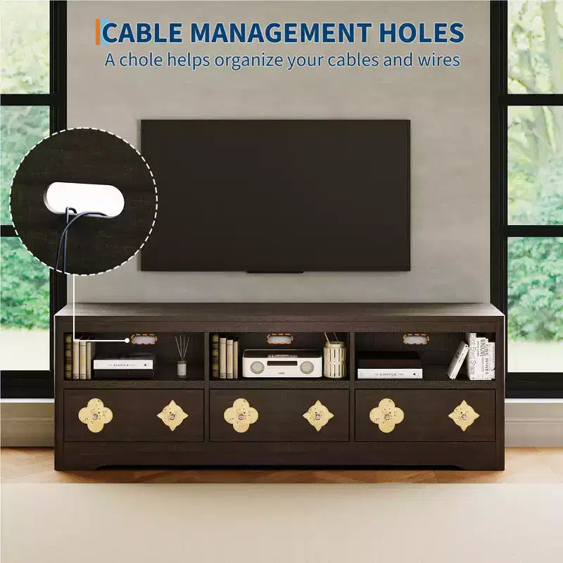 Meuble TV moderne du milieu du siècle COZONY 70 pour téléviseurs jusqu'à 85 pouces, centre de divertissement avec tiroir gravé et étagères de rangement ouvertes