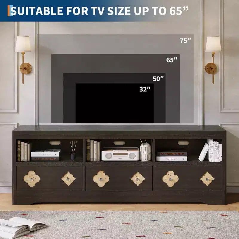 Meuble TV moderne du milieu du siècle COZONY 70 pour téléviseurs jusqu'à 85 pouces, centre de divertissement avec tiroir gravé et étagères de rangement ouvertes