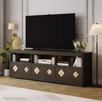 Meuble TV moderne du milieu du siècle COZONY 70 pour téléviseurs jusqu'à 85 pouces, centre de divertissement avec tiroir gravé et étagères de rangement ouvertes