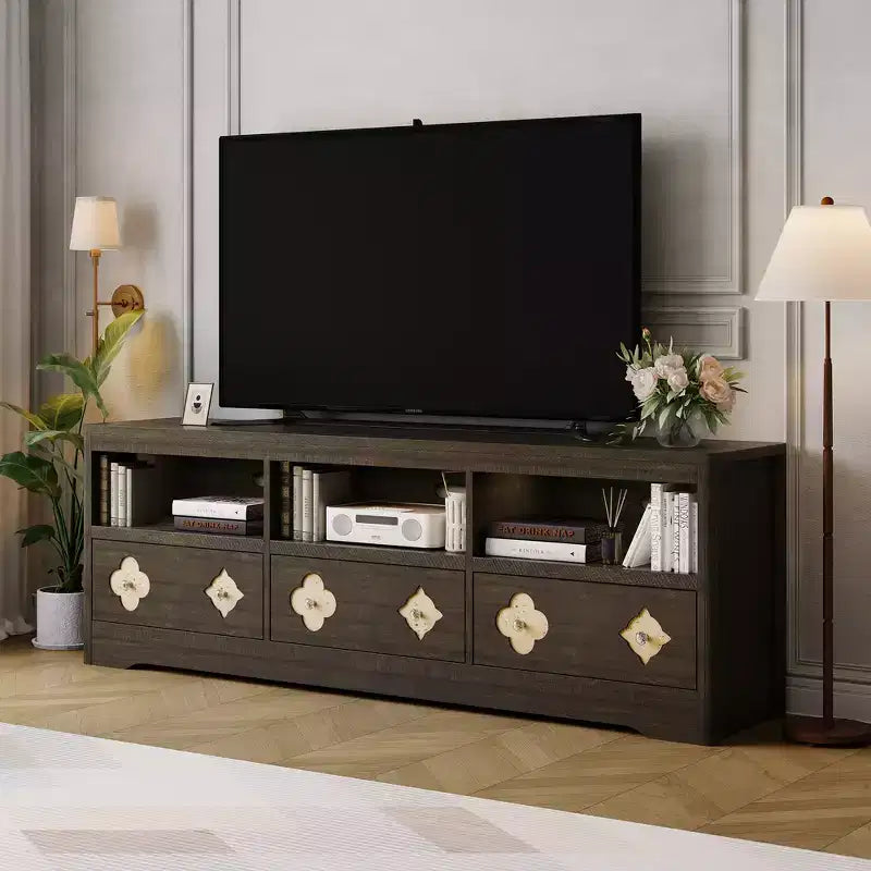 Meuble TV moderne du milieu du siècle COZONY 70 pour téléviseurs jusqu'à 85 pouces, centre de divertissement avec tiroir gravé et étagères de rangement ouvertes