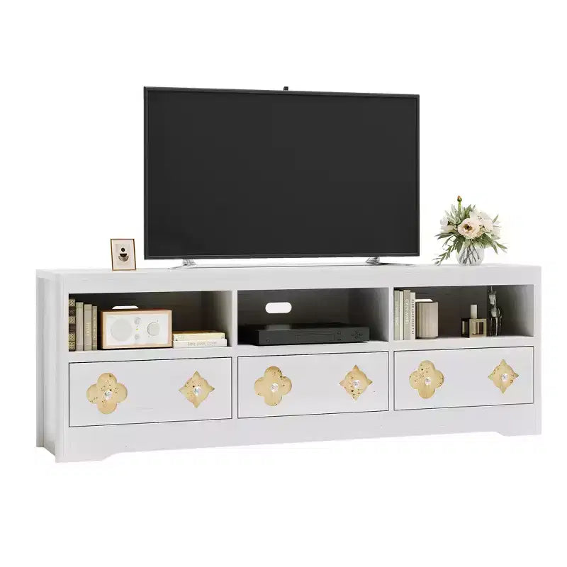 Meuble TV moderne du milieu du siècle COZONY 70 pour téléviseurs jusqu'à 85 pouces, centre de divertissement avec tiroir gravé et étagères de rangement ouvertes
