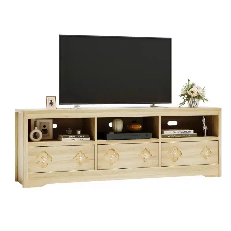 Meuble TV moderne du milieu du siècle COZONY 70 pour téléviseurs jusqu'à 85 pouces, centre de divertissement avec tiroir gravé et étagères de rangement ouvertes