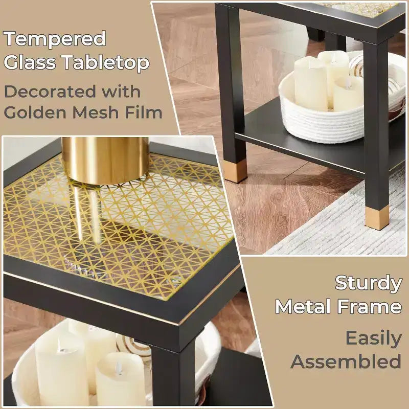 Table d'appoint moderne à 2 niveaux en verre et métal, polyvalente pour salon et chambre à coucher