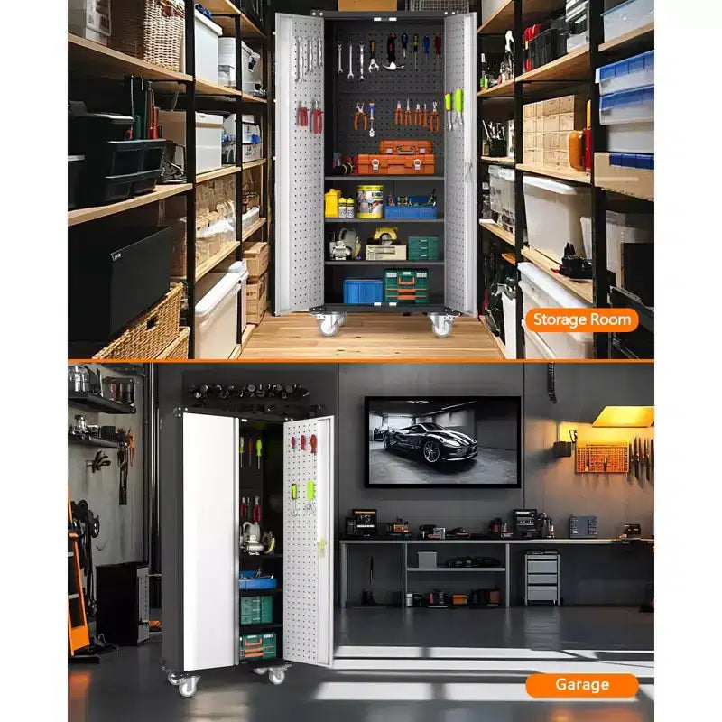 Armoire de rangement haute en métal robuste, portes verrouillables, 4 étagères réglables, roulettes – pour cellier, garage, bureau – Gris clair/Gris foncé