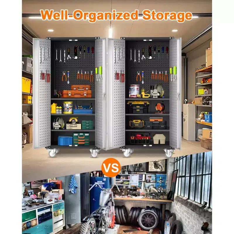 Armoire de rangement haute en métal robuste, portes verrouillables, 4 étagères réglables, roulettes – pour cellier, garage, bureau – Gris clair/Gris foncé