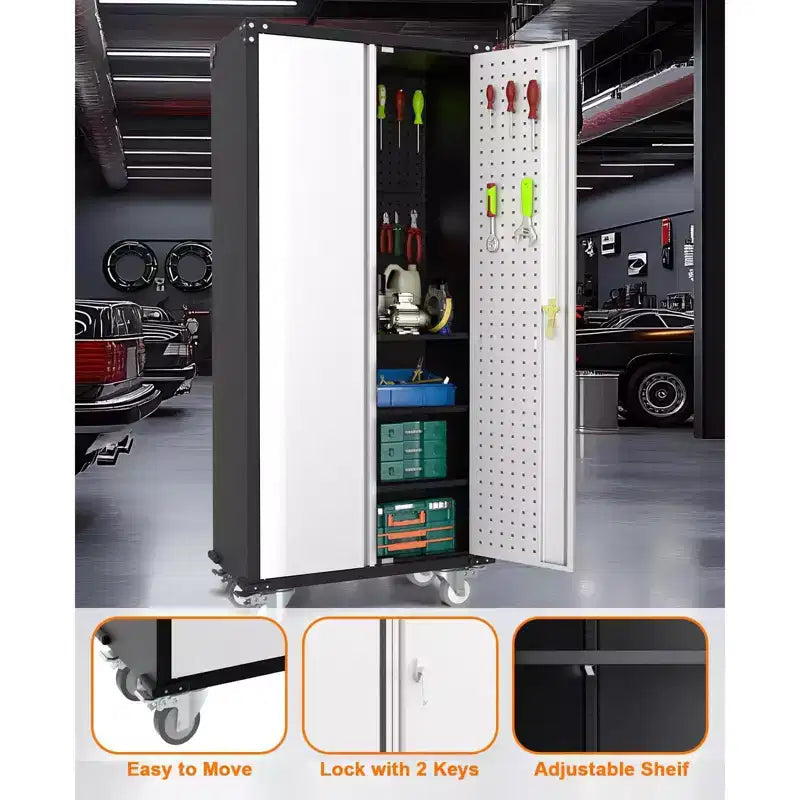 Armoire de rangement haute en métal robuste, portes verrouillables, 4 étagères réglables, roulettes – pour cellier, garage, bureau – Gris clair/Gris foncé