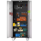 Armoire de rangement haute en métal robuste, portes verrouillables, 4 étagères réglables, roulettes – pour cellier, garage, bureau – Gris clair/Gris foncé