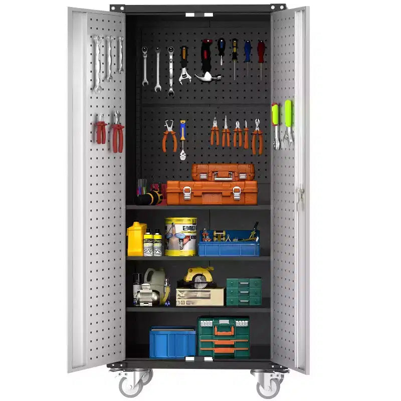 Armoire de rangement haute en métal robuste, portes verrouillables, 4 étagères réglables, roulettes – pour cellier, garage, bureau – Gris clair/Gris foncé