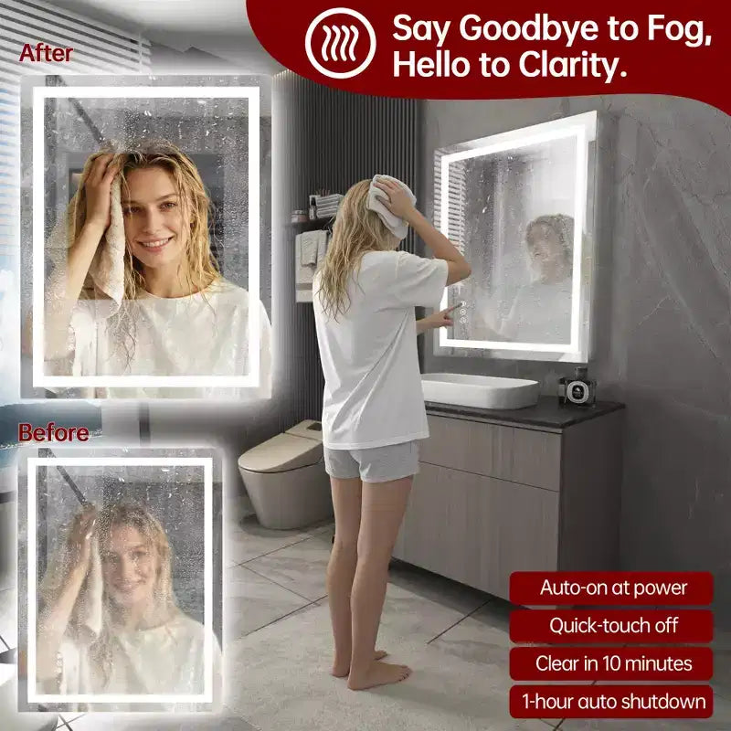 Miroir de salle de bain SUMERAIN 28x36 mural en verre trempé, anti-buée, éclairage LED, 3 modes de couleur