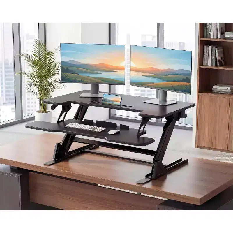 HUANUO 32 Convertisseur de bureau debout stable en forme de Z, rehausseur de bureau assis-debout réglable en hauteur, poste de travail pour ordinateur portable, élévateur de bureau pour le bureau à domicile