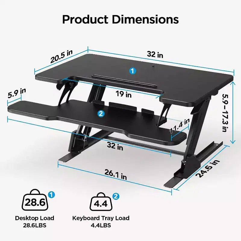 HUANUO 32 Convertisseur de bureau debout stable en forme de Z, rehausseur de bureau assis-debout réglable en hauteur, poste de travail pour ordinateur portable, élévateur de bureau pour le bureau à domicile