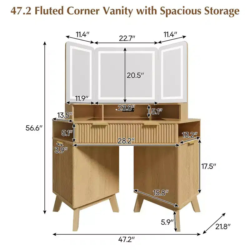 Coiffeuse d'angle Whisen 47.2, petite coiffeuse d'angle moderne avec miroir, 1 tiroir et 2 armoires de rangement