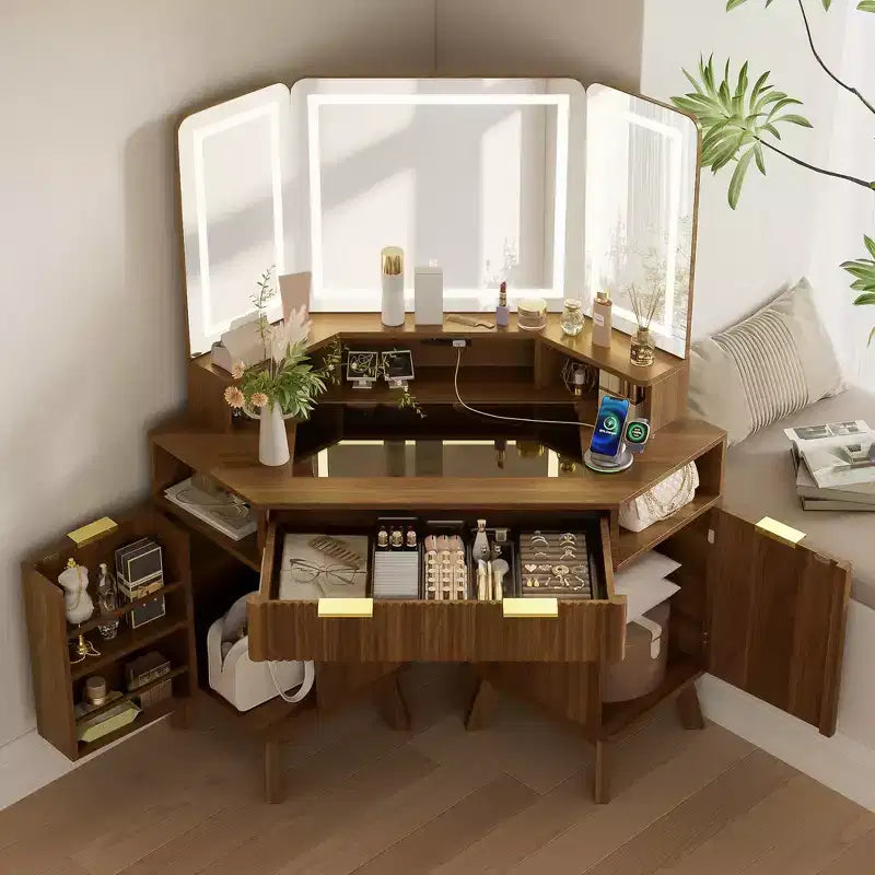 Coiffeuse d'angle Whisen 47.2, petite coiffeuse d'angle moderne avec miroir, 1 tiroir et 2 armoires de rangement