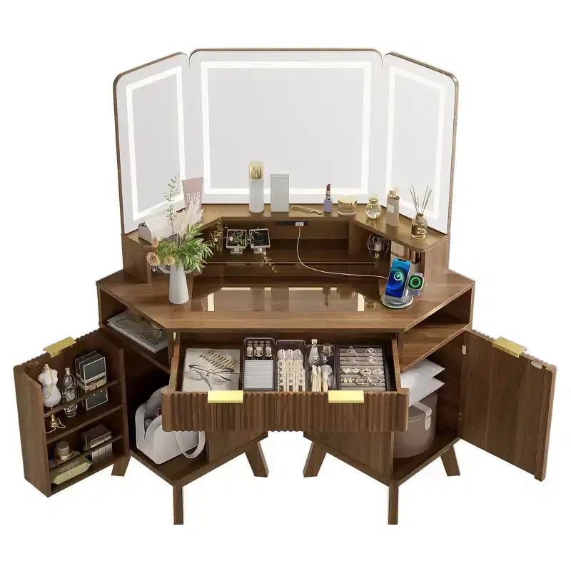 Coiffeuse d'angle Whisen 47.2, petite coiffeuse d'angle moderne avec miroir, 1 tiroir et 2 armoires de rangement