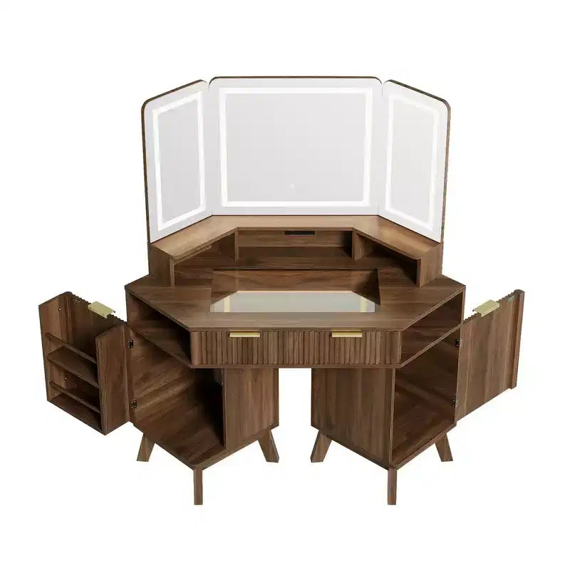 Coiffeuse d'angle Whisen 47.2, petite coiffeuse d'angle moderne avec miroir, 1 tiroir et 2 armoires de rangement