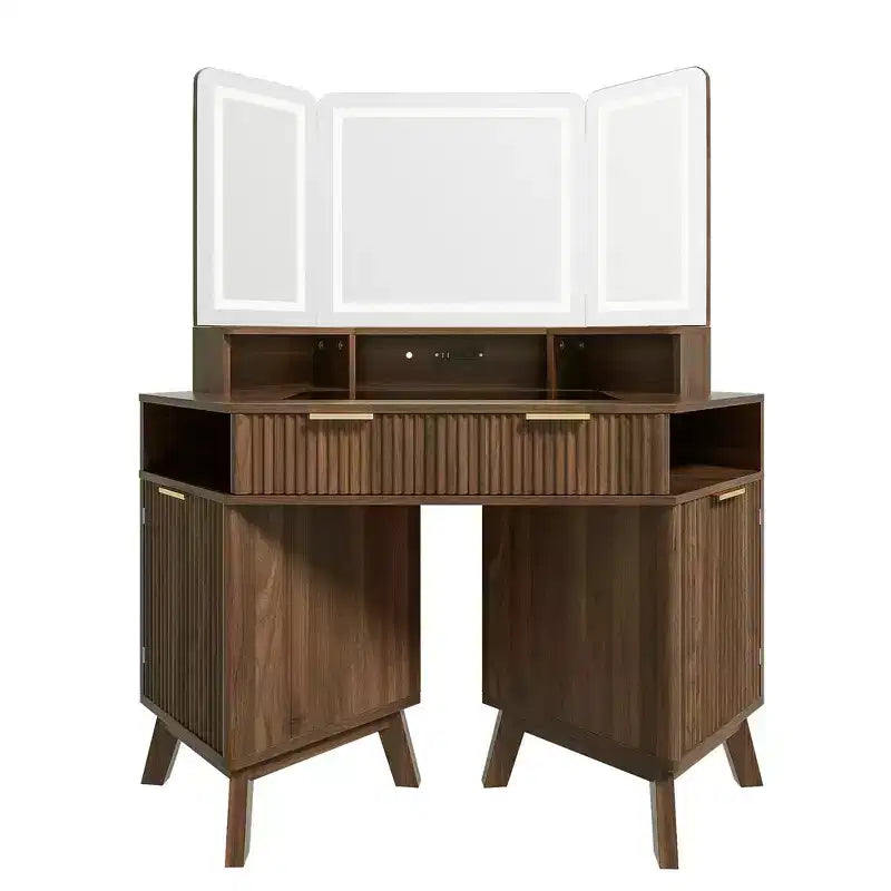 Coiffeuse d'angle Whisen 47.2, petite coiffeuse d'angle moderne avec miroir, 1 tiroir et 2 armoires de rangement