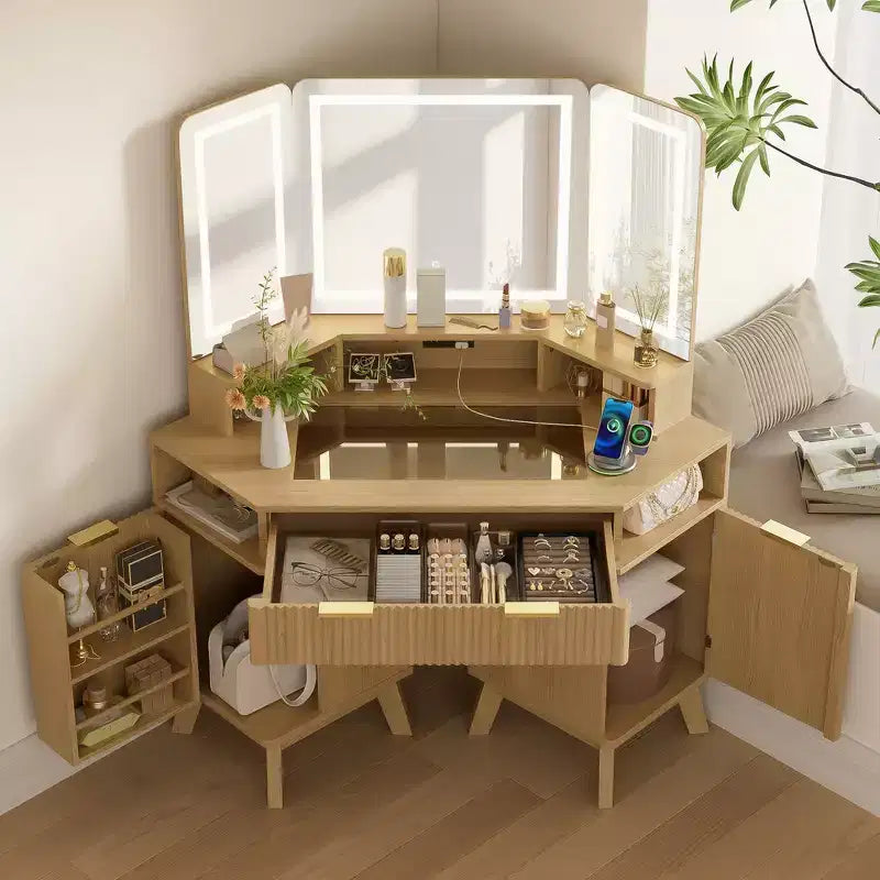 Coiffeuse d'angle Whisen 47.2, petite coiffeuse d'angle moderne avec miroir, 1 tiroir et 2 armoires de rangement