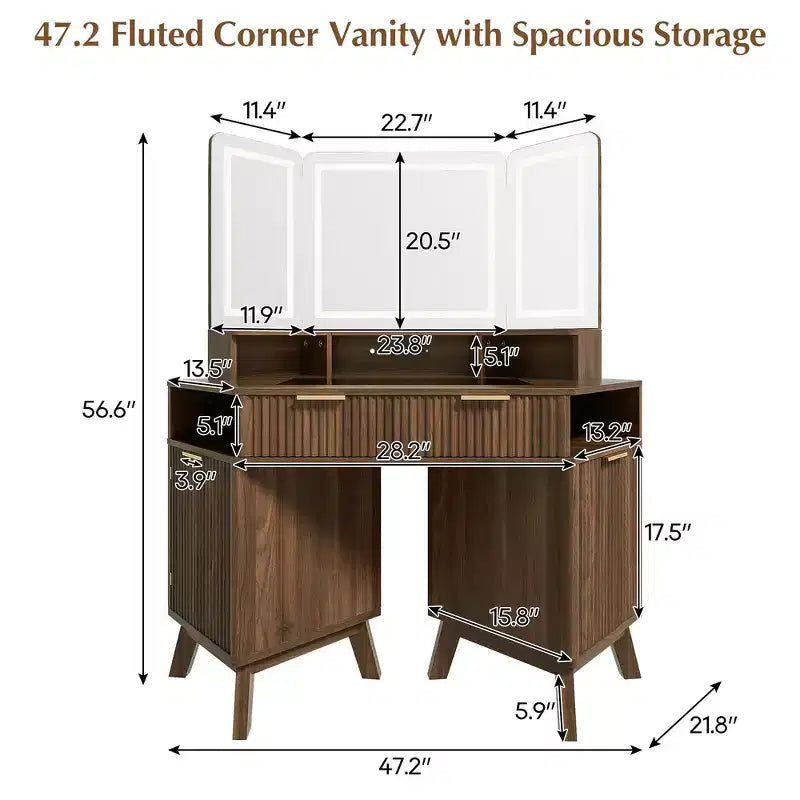 Coiffeuse d'angle Whisen 47.2, petite coiffeuse d'angle moderne avec miroir, 1 tiroir et 2 armoires de rangement