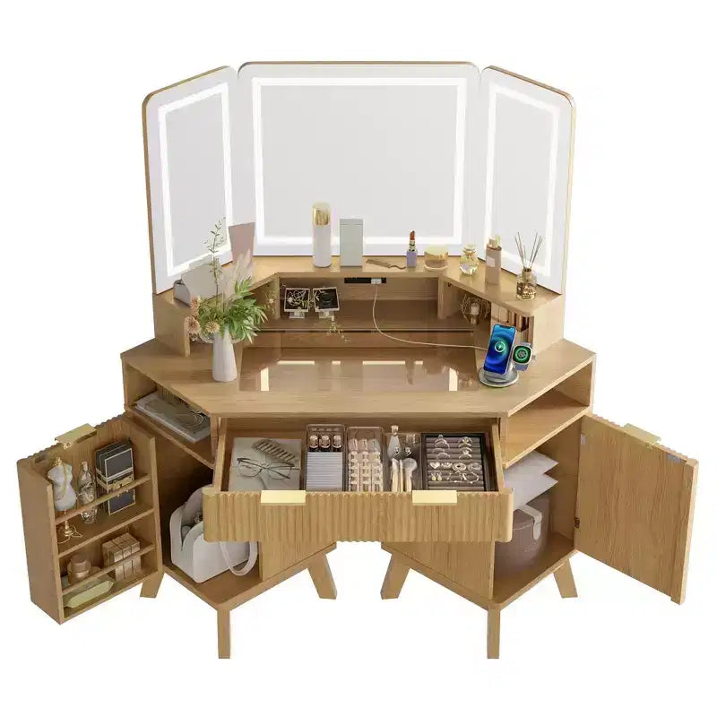 Coiffeuse d'angle Whisen 47.2, petite coiffeuse d'angle moderne avec miroir, 1 tiroir et 2 armoires de rangement
