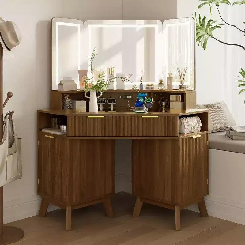 Coiffeuse d'angle Whisen 47.2, petite coiffeuse d'angle moderne avec miroir, 1 tiroir et 2 armoires de rangement