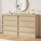 Commode 8 tiroirs en chêne naturel de 54 po pour chambre à coucher, grande commode en bois avec organisateur de rangement pour salon, entrée et chambre de bébé