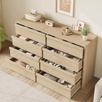 Commode 8 tiroirs en chêne naturel de 54 po pour chambre à coucher, grande commode en bois avec organisateur de rangement pour salon, entrée et chambre de bébé