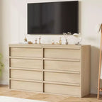 Commode 8 tiroirs en chêne naturel de 54 po pour chambre à coucher, grande commode en bois avec organisateur de rangement pour salon, entrée et chambre de bébé