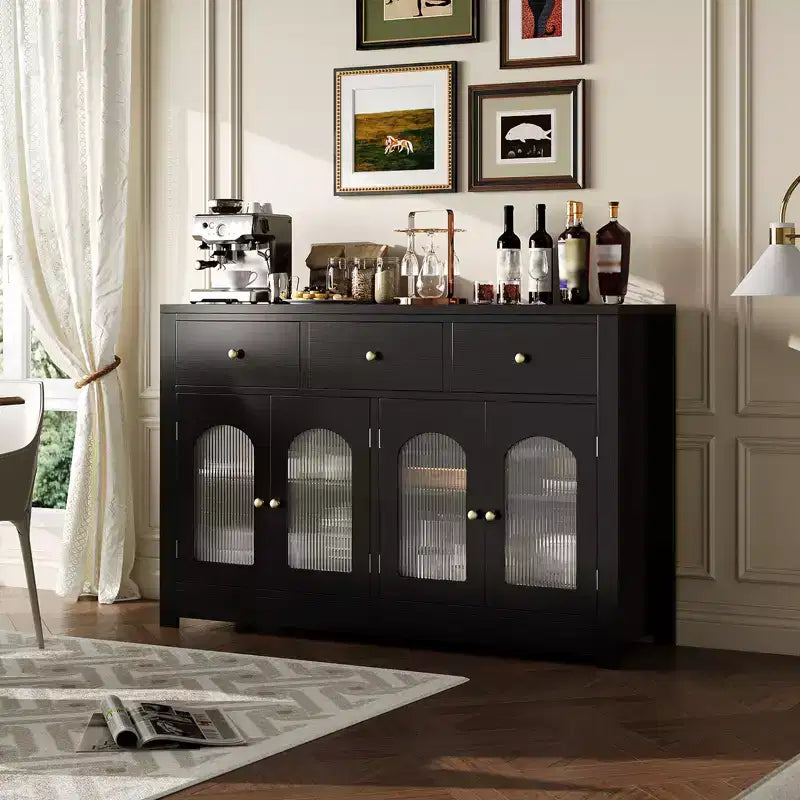 Buffet de rangement, Enfilade moderne avec portes cannelées en acrylique cintrées, Meuble de bar à café avec étagères réglables pour salon, cuisine