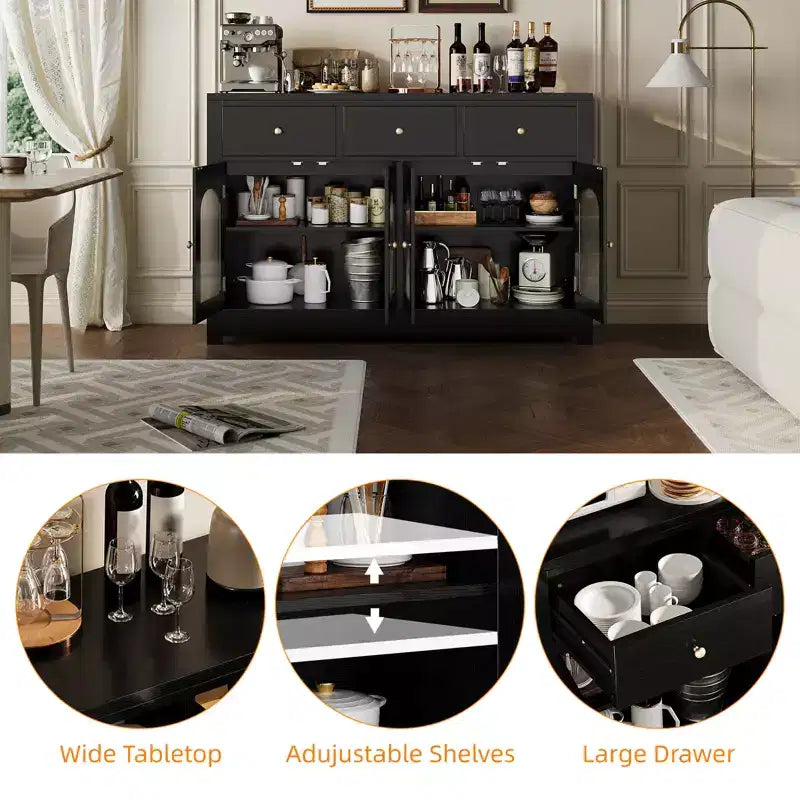 Buffet de rangement, Enfilade moderne avec portes cannelées en acrylique cintrées, Meuble de bar à café avec étagères réglables pour salon, cuisine